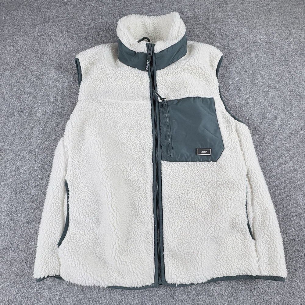 Bershka Vest Women's XL Ivory Sherpa Fleece Green Full Zip Cozy Gorpcore Cabin